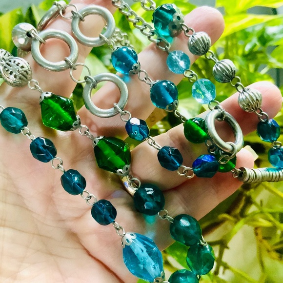 Vintage Glass/Crystal/Metal Beaded Necklace STEPHAN & CO UNIQUE 1980s BLUE-GREEN - Picture 2 of 10